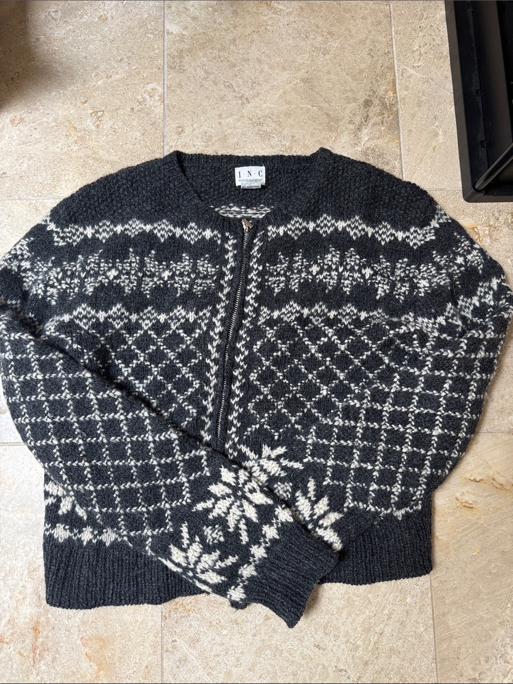 INC International Concepts Black and White Fair Isle Zip 100% Wool Sweater